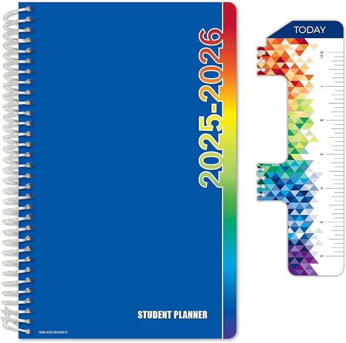 Global Datebooks Dated Middle School or High School Student Planner for Academic Year 2025-2026 Includes Ruler/Bookmark and Planning Stickers (Block Style - 5.5"x8.5" - Blue Colors)