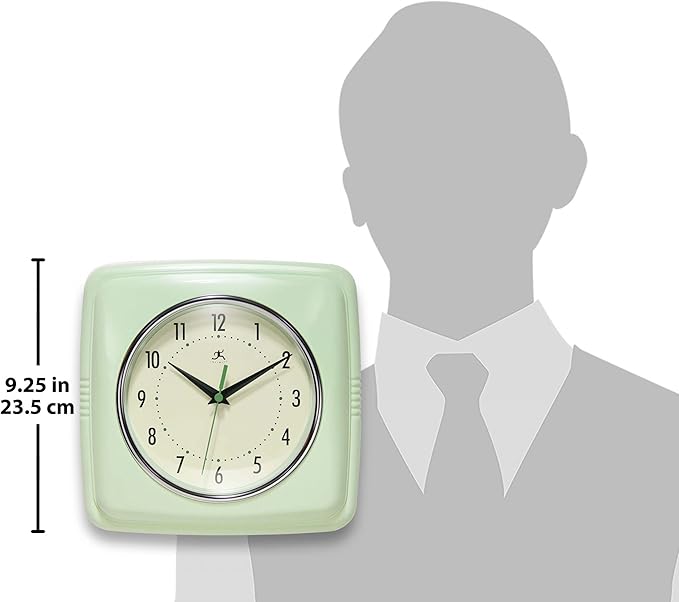 Infinity Instruments Retro Wall Clock – 9-Inch Square Silent Non-Ticking Mid-Century Modern Clock – Vintage Decorative Wall Clock for Kitchen, Office, or Diner – Meadow Mist