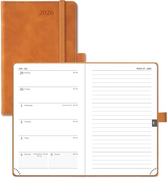 POPRUN Weekly Planner 2026 Pocket Size Calendar (4" x 6.25") 12 Months Notebook with Horizontal Layout, Leather Soft Cover, Inner Pocket, 100GSM Thick Paper, Pen Holder - Brown