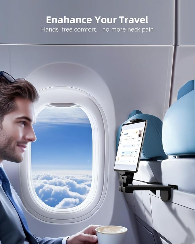 Airplane Essential Tablet Holder for Travel, Universal Handfree Tablet Mount with 360 Degree Rotation, Travel Must Haves Tablet Stand for Plane Tray Table, Home, Kitchen, Office, Outdoor