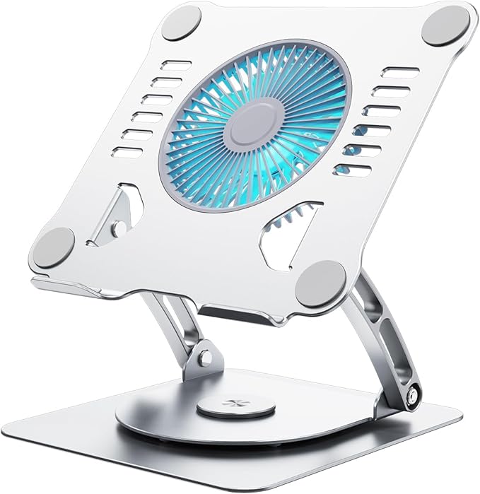 SHUWEI 360° Rotating Laptop Cooling Stand with 3 Speed Fan, Adjustable Height Laptop Stand for Desk, Ergonimic Aluminum Laptop Cooling Pad for 10-15'' Notebook - Silver