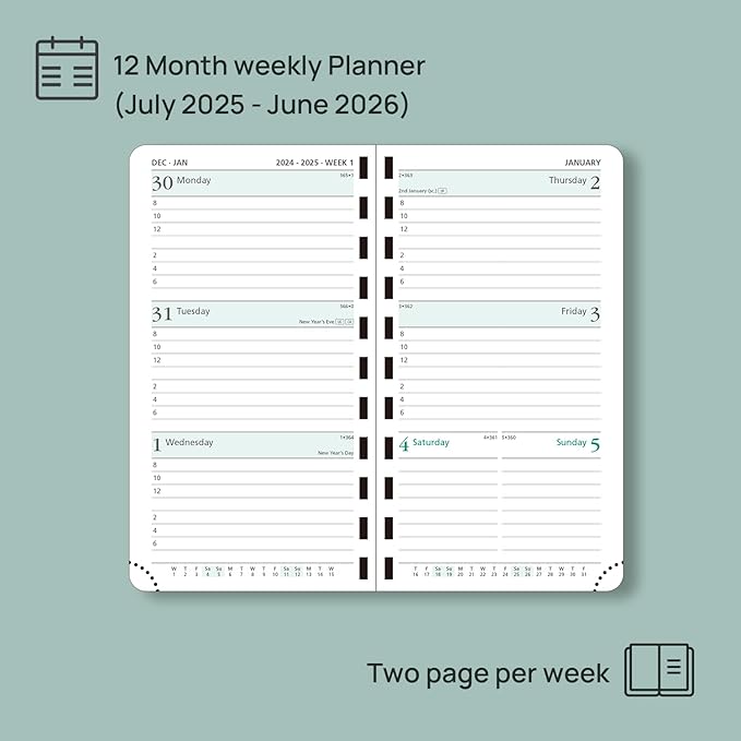 POPRUN Pocket Planner 2025-2026 (Slim Size 3.5'' x 6.5'') Academic Purse Calendar (July 2025 - June 2026) with Hourly Time Slots, 100GSM Thick Paper, Spiral Soft Cover - Blue Green