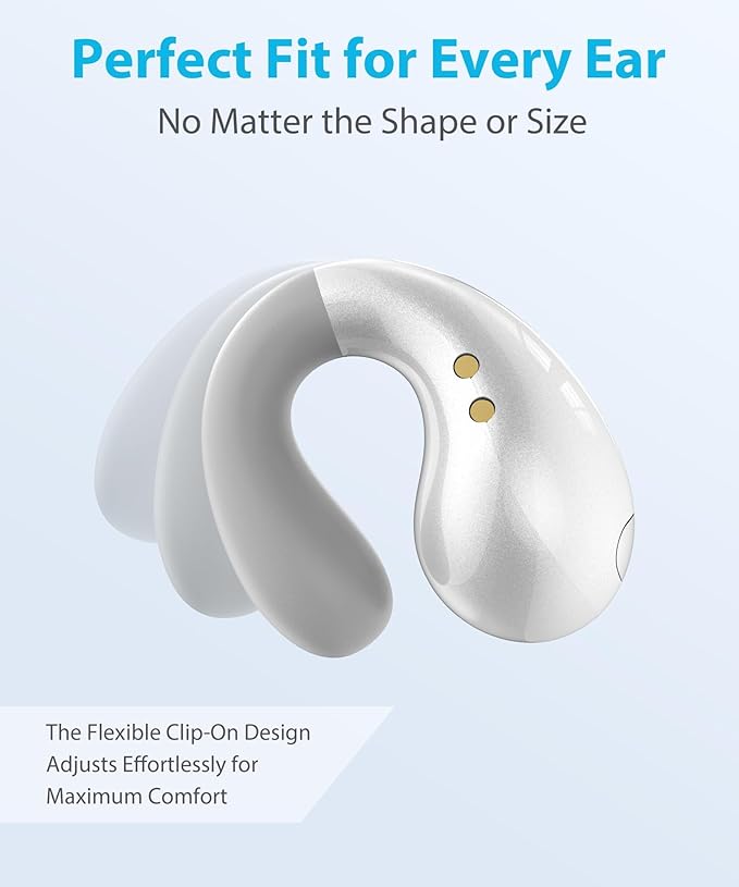 Ultra Open Ear Earbuds - Ergonomic Clip-On Earbuds, Small Bone Conduction Over-The-Ear Headphones with Waterproof Design, Perfect Running Headphones for Sports and Fitness, Pearl White