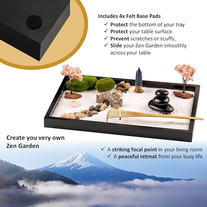 Zen Garden Kit 11x8in. Beautiful Japanese Decor Mini Rock Feature Gift Set for Home, Office Desk. Zen Sand Garden, 6 Tools, 15 Accessories. Sand Tray Therapy Desktop Meditation Room