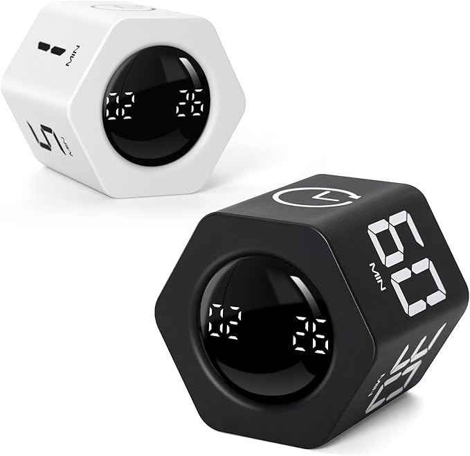 Productivity Timer 1, 5, 10, 30, 60 Minutes Preset, Desk Cube Timer with Gravity Sensor/Mute/Vibration for ADHD, Work, Study, Kitchen, Back to School (2, Black&White)
