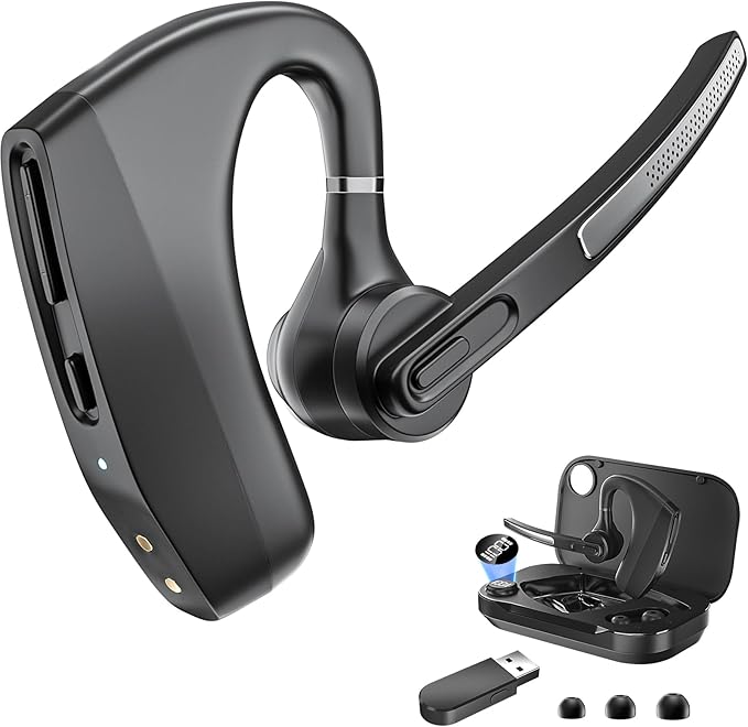 Bluetooth Headset Wireless Earpiece with 450mAh Charging Case USB Dongle Noise Canceling Mic for PC Computer, Laptop, Cell Phones, Remote Work, Call Center, Trucker Work, Business