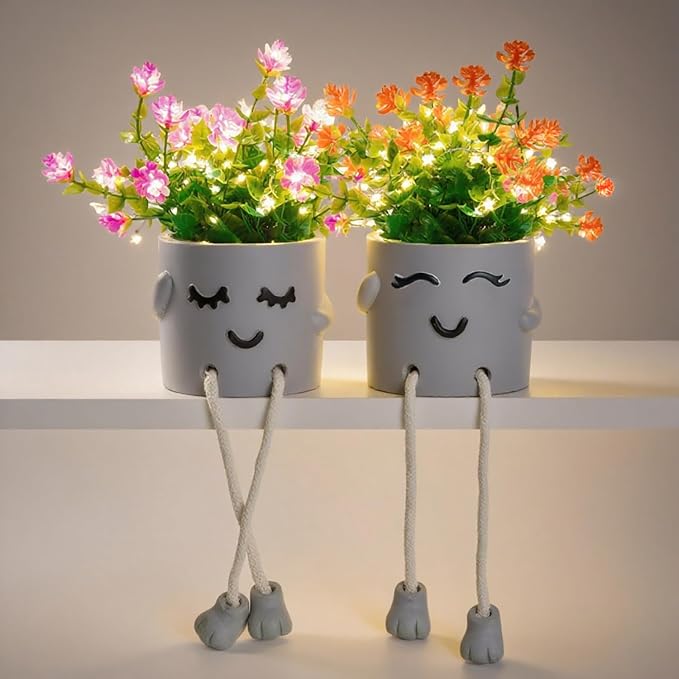 Cute Fake Plants, Flower Pots with String Lights, Fake Plants Artificial for Desk Décor, Office Decor for Women, Shelf Decor for Gift, Bathroom Decoration, Window Sill Decor