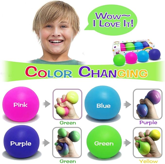 Color Changing Stress Balls, Sensory Squeeze Toys for Adults & Kids - Stress Relief Easter Stuffers - 4 Pack (Pink/Green/Blue/Purple)