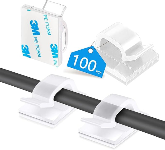 100PCS Cable Clips, Adhesive Wire Clips Organizer Cord Clips Management, Cable Staples Outdoor Strong for Wall, Desk, Christmas Lights, String Lights, TV PC Ethernet Cable, Clear Small
