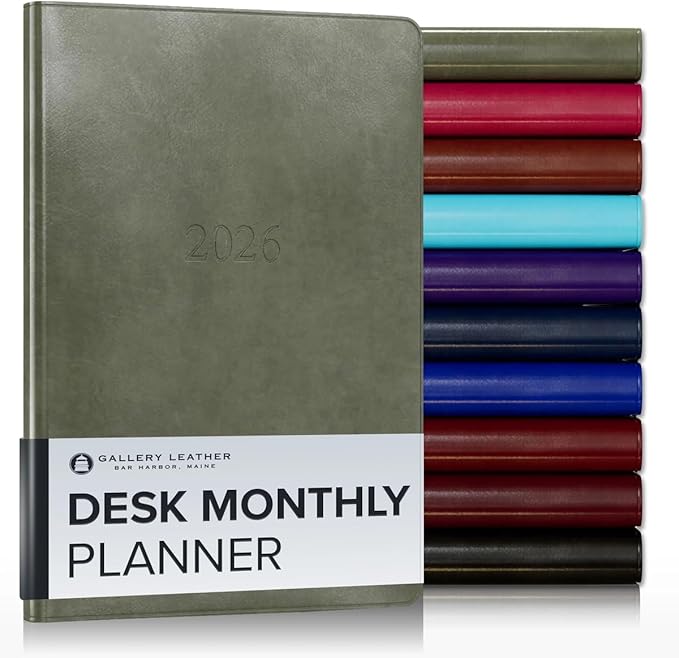 Gallery Leather Desk Monthly Planner 2025-2026, Elegantly Bound Calendar Planner and Notebook with Stylish Gold-Gilded Page Edges, 18 Months - Acadia Cactus - 8x5.5”