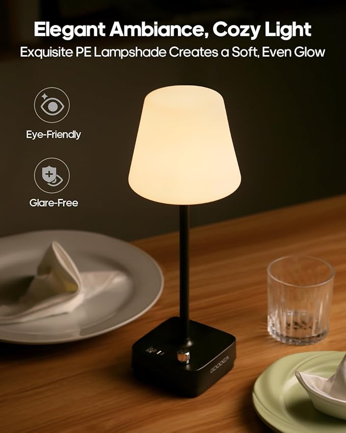 Cordless Table Lamp with Charging Base, Rechargeable 6000mAh Battery Operated Lamp, 3 Color Dimmable Smart Portable Table Light for Restaurant, Bedroom, Home, Kitchen Counter (White lampshade)