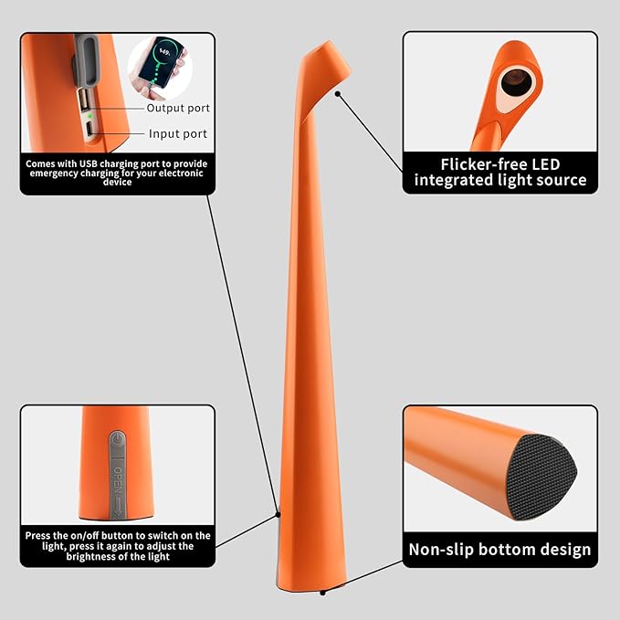 Cordless Portable LED Table Lamp,Built-in Rechargeable Battery-5000mAH,Dimmable Touch Small Desk Reading Lamp with 3-Level Brightness for Bedroom/Living Room/Office (Orange)