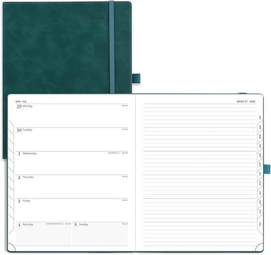 POPRUN Weekly Planner 2026 (Large 8.5" x 10.5") Calendar 12 Months Notebook with Horizontal Layout, Leather Soft Cover, Monthly Tabs, Inner Pocket, 100GSM Thick Paper, Pen Holder - Petrol Green