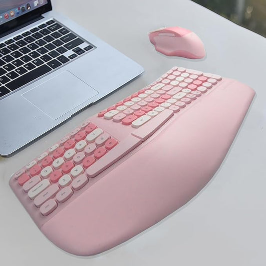 Wireless Ergonomic Keyboard and Mouse Combo with PU Wrist Rest, Carpal Tunnel Keyboard, 2.4G Colorful Split Ergo Keyboard, Comfortable Natural Typing, Compatible with PC/Laptop (Pink)