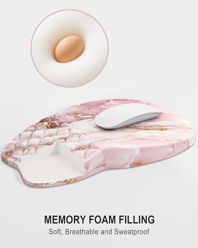 Auhoahsil Ergonomic Mouse Pad with Wrist Rest, Comfortable Slope Computer Mouse Mat with Wrist Support, Memory Foam Filling, Non-Slip Silicone Base, Pain Relief for Gaming Work, 8" x 12", Pink Marble
