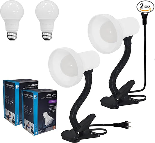 Xtricity LED Clip on Desk Lamp with 360° Flexible Gooseneck, Reading Light for Bed Headboard– 6W A19 Bulb Included, 120V, On/Off Switch, 10.25” Height Table Lamp with White Finish (2 Pack)