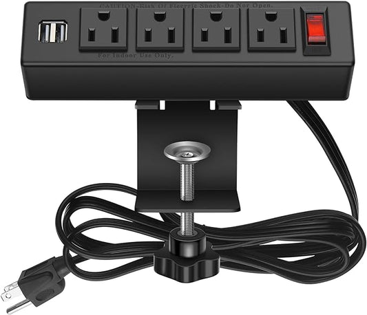 HHSOET Desk Clamp Power Strip, Desktop Power Outlet Clamp Mount with 2 USB Ports, 4 AC Outlets, Mountable Desk Outlet Removable Power Plugs with 6ft Cord.(4AC2USB-Black)