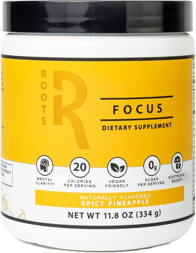 Roots Focus Nootropic Brain Supplement - Spicy Pineapple, Blend of Lion's Mane, Cordyceps, & Reishi Functional Mushrooms + Extended-Release Caffeine, 50 Servings