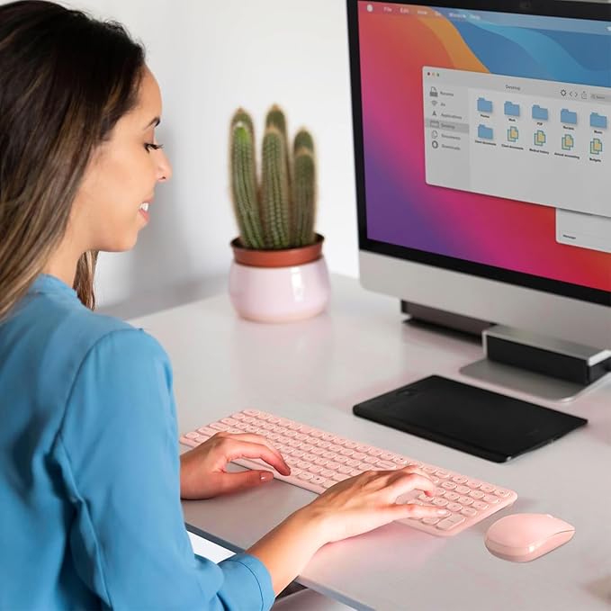 Cute Wireless Keyboard and Mouse Combo Slim 2.4GHz USB Cordless Full Size Silent Retro Keyboard and Mouse Set for PC Computer,Laptop,Windows,Mac,Tablets（Upgraded Peach）