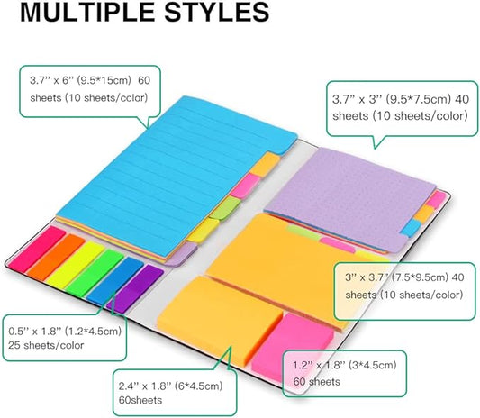 Sticky Notes Set, Hommie Colored Divider Self-Stick Notes Pads Bundle, Prioritize with Color Coding, 60 Ruled (3.7x6), 40 Dotted (3.7x3), 40 Blank (3x3.7), 60 Per Rectangular, 25 Per PET Color