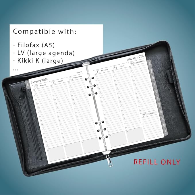 newestor 2026 A5 Planner Inserts, Filofax A5 Compatible, Weekly and Monthly Appointment Book Pages, Tabbed, 6 Holes