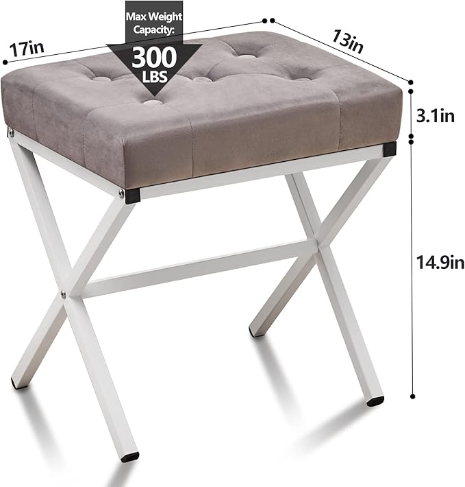 Wimarsbon Ottoman Foot Stool Tufted Vanity Stool Ottomans Thickened Cushion Footstool Mulifunctional Shoe Changing Seat Step Stools with Metal X Leg for Living Room Bedroom Velvet Grey