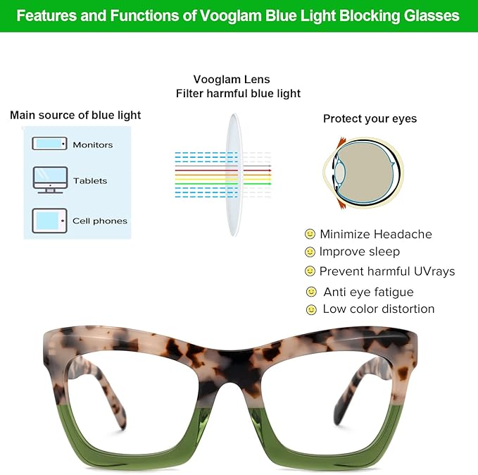 VOOGLAM Stylish Rectangle Blue Light Blocking Glasses for Women Anti Eyestrain Dry Eyes Eyewear Sienna