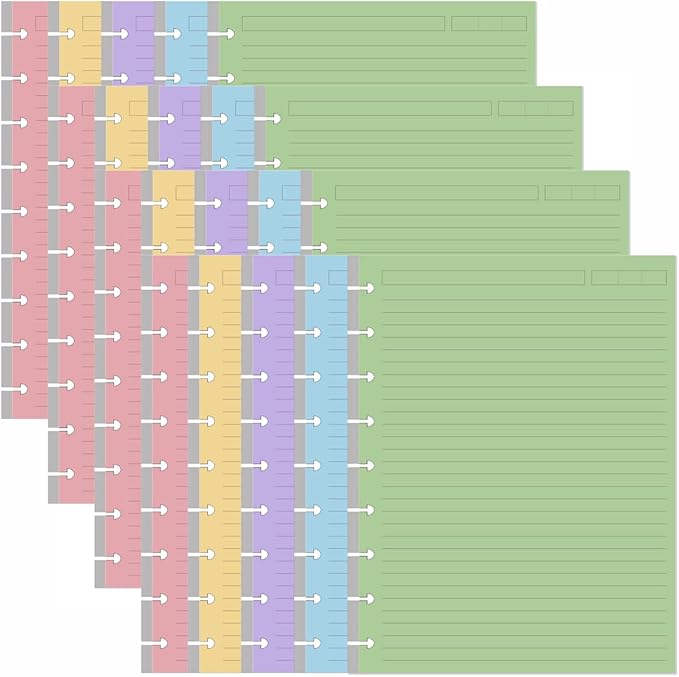 (4-Pack) 9-Disc Discbound 5 Colorful Line Paper Pre-punched Happy Planners Inserts, 400Sheets/800Pages Classic Size Line Loose-Leaf Paper, Per Color 80 Sheets, 7" x 9.25"