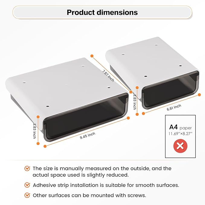 2 Pack Acrylic Self Adhesive Under Desk Drawer Slide Pull Out, Stick on Attachable Clear Black Plastic Storage Organizer, Hanging Mounted Attachment for Office, Kitchen, Cabinet, Table, Counter