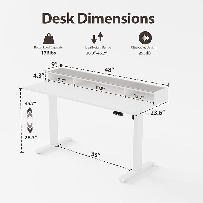 Agilestic Glass Standing Desk with Storage, 48 Inch Electric Adjustable Desk with Glass Shelf, Sit Stand Up Home Office Computer Table, Splice Board, White