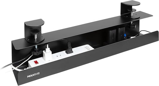 Mount-It! Clamp-On Under Desk Cable Management Tray – No-Drill Metal Cable Organizer for Office & Glass Desks, Secure Wire Management Tray for Power Strips & Cords – Sturdy Desk Cable Tray 23.6” Black
