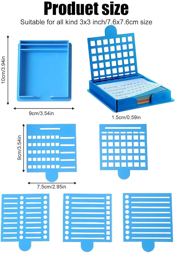 Sticky Note Holder with 5 Stencils, 3x3 Sticky Pads Dispenser with Stencil,Memo Pad Organizer with Line Box Drawing Template for to-Do Lists, Home, Office, Reusable Note Organizer (Blue)