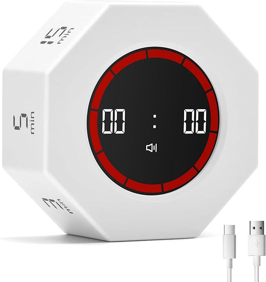 Visual Countdown Timer 1,3,5,15,30,60,90 Minutes Preset, Desk Productivity Cube w/Gravity Sensor for ADHD, Mute Functions, Ideal for Work, Study, Kitchen, Back to School (1, White)