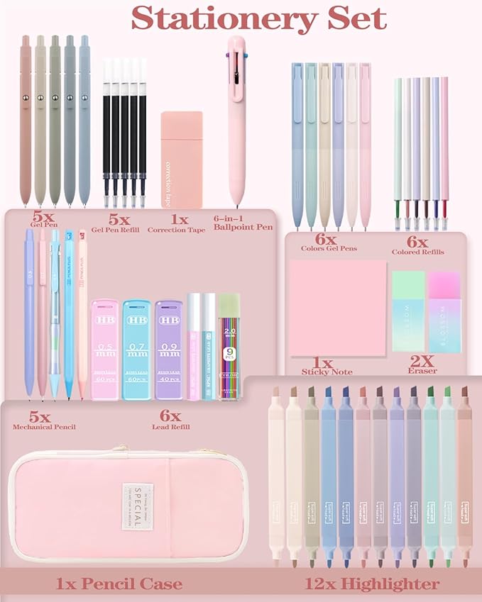 54Pcs Aesthetic School Supplies Set with Large Pastel Pencil Case 12 Dual Tip Highlighters, 6 Gel Pens, 5 Black Pens, 5 Mechanical Pencils (0.5-2.0mm) - Nursing School & College Essentials Gifts