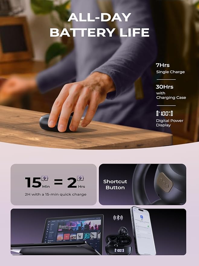 Open Ear Clip On Earbuds, Bluetooth 5.4 Bone Conduction Headphones AI Music Generator Earbuds with 4 Mics Clear Calls, 5.7g Ultra-Light Design, 30H Hi-Fi Stereo Playtime & IPX6 Fit Sports, Black