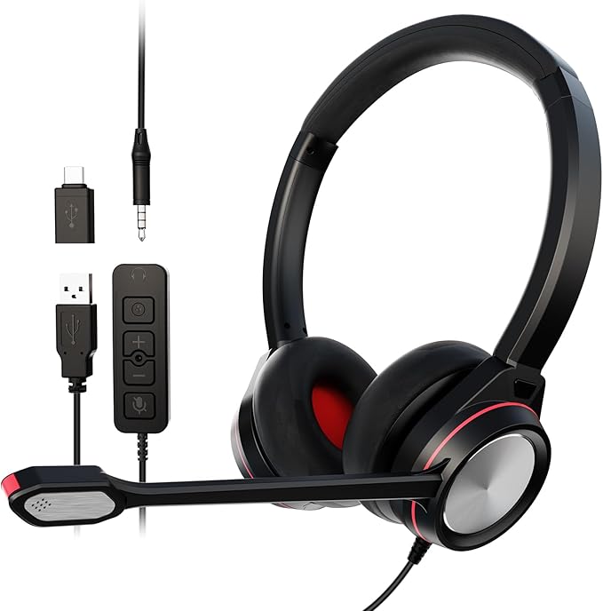 USB Headset with Microphone for PC, Type C/USB/3.5mm Jack Computer Headset with Noise Cancelling & Mic Mute, Binaural Wired Headset for Laptop Call Center Work Office Zoom Teams