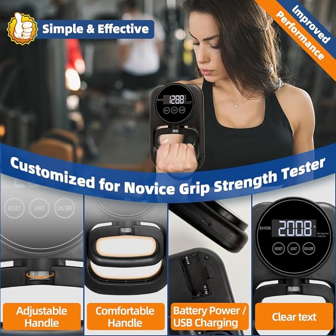 Grip Strength Tester Hand Gripper - Grip Strength Trainer Hand Dynamometer Handheld Meter LED Display Comfortable 265 Lbs / 120 Kgs Finger Strengthener for Sports Home School Gym Use