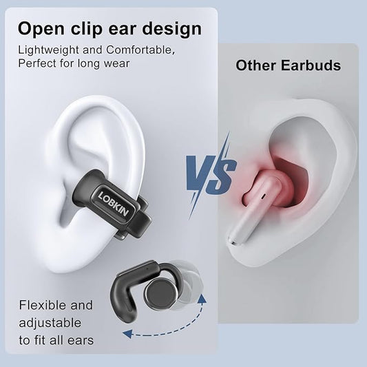 LOBKIN Open Ear Clip On Earbuds Wireless Bluetooth, Waterproof Clip On Headphones, Lightweight, Comfortable for Small Ears Women, Clip On Ear Buds with Mic, LED Display, Sports Running Workout Black