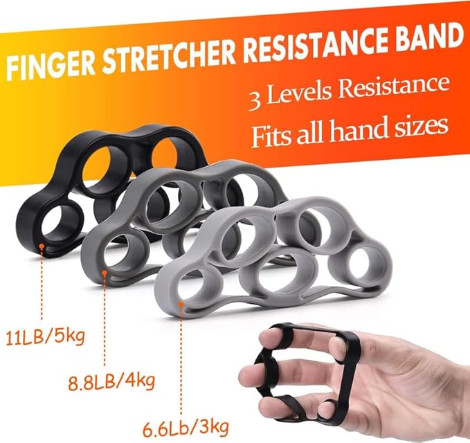 Grip Strength Trainer 7 Pack Adjustable, Finger Stretcher Resistance Extensor Bands, Finger Exerciser, Hand Gripper Strength Ring & Stress Ball