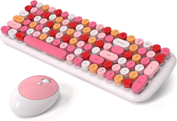 Wireless Keyboard and Mouse Combo, MOWUX - Modern Compact Layout, Colorful Compact Candy Mouse and Retro Round Keyboard Set with Cover, for PC/Laptop/Windows/Mac - White Pink Colorful