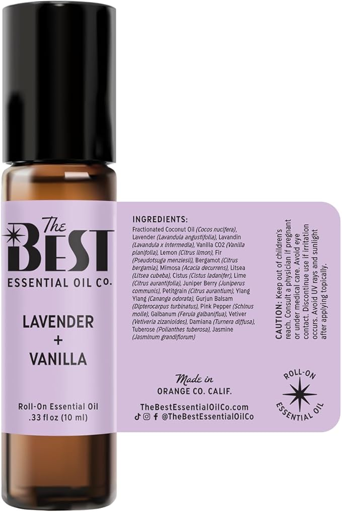 The Best Lavender + Vanilla Essential Oil Roll-On Blend- Premium Grade- Pre-Diluted in Coconut Oil- Ready to Use- 10 ml (.33 fl oz)