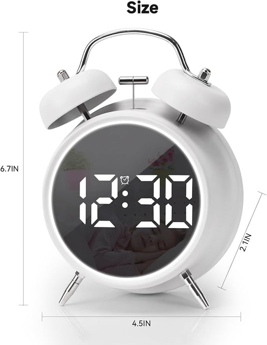 JUSTUP Digital Small Alarm Clock, 4.5 Inch Double Bell Electronic LED Alarm Clock, Plug in or Battery Operated Silent Metal Table Clock, Bedside Loud Bell Clock for Heavy Sleepers Adults Kids (White)
