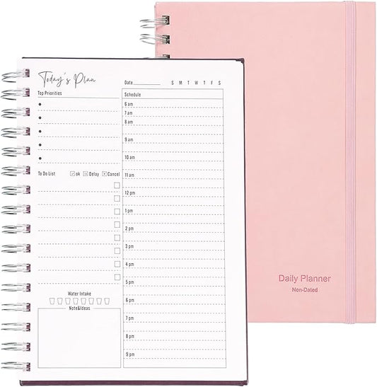 PATIKIL Undated Daily Planner with Hourly Schedule, A5 5.5"x 8.5" To-Do List Hard Cover Spiral Notebook Appointments Planner with Inner Pocket to Organize Daily Tasks Agendas, Pink