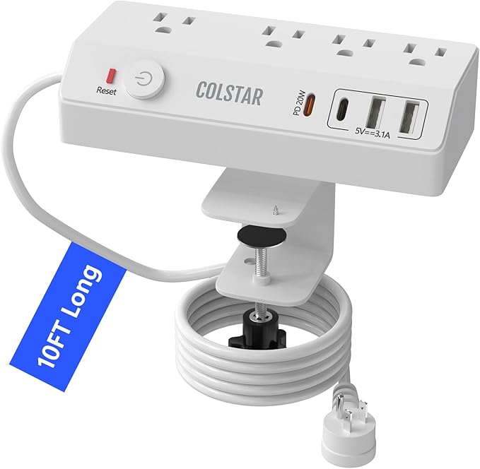 Desk Clamp Power Strip with 4 AC Outlets & 4 USB Ports Including PD 20W Fast Charging, Desk Mount Power Strip Surge Protector for Office,10FT Extension Cord Fits 1.8" Tabletop Edge (White)
