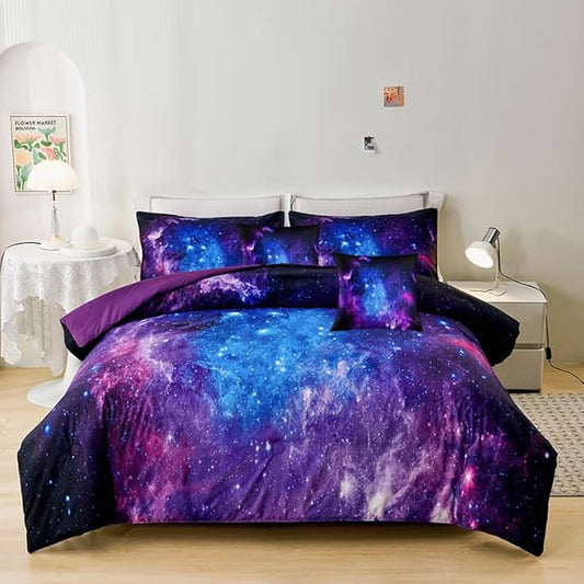 7PCS Purple Comforter Sets Queen,Girls Galaxy Comforter Queen,Girls Bed Sets Queen,Bed in a Bag with Flat Sheet and Fitted Sheet,Pillowcases,Cushion Covers for Girl,Galaxy Bedding Sets