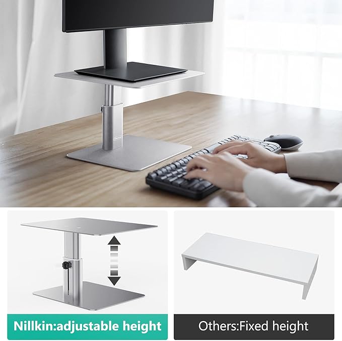 Nillkin Monitor Stand for Desk, Adjustable Height Computer Monitor Stand, Ergonomic Aluminum Computer Stand for Desktop Monitor, iMac,MacBook, Dell, HP, Lenovo and other Screen Display, Silver