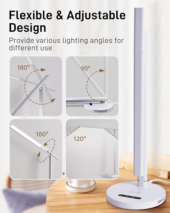 LED Desk Lamp with Wireless Charger, Stepless Dimming Desk Light with 3 Color Modes, Foldable Eye-Caring Study Reading Table Lamp with Night Light for College Dorm Home Office Bedroom Beside(White)