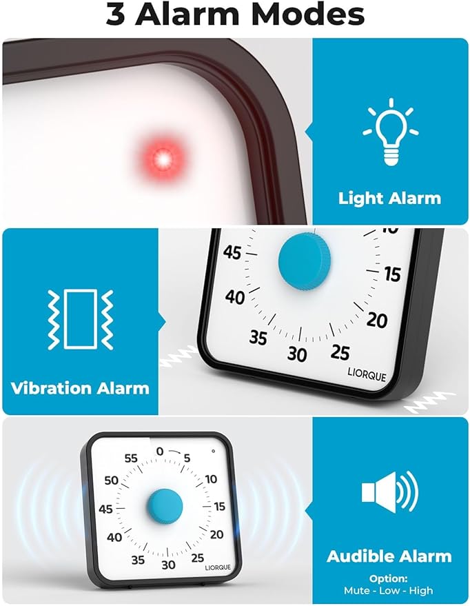 LIORQUE 60 Minute Visual Timer for Kids and Adults, Non-Ticking 7.5 Inch Large Visual Countdown Timers for Classroom Desk Countdown Clock with Magnetic Backing, Kids Pomodoro Timer Clock