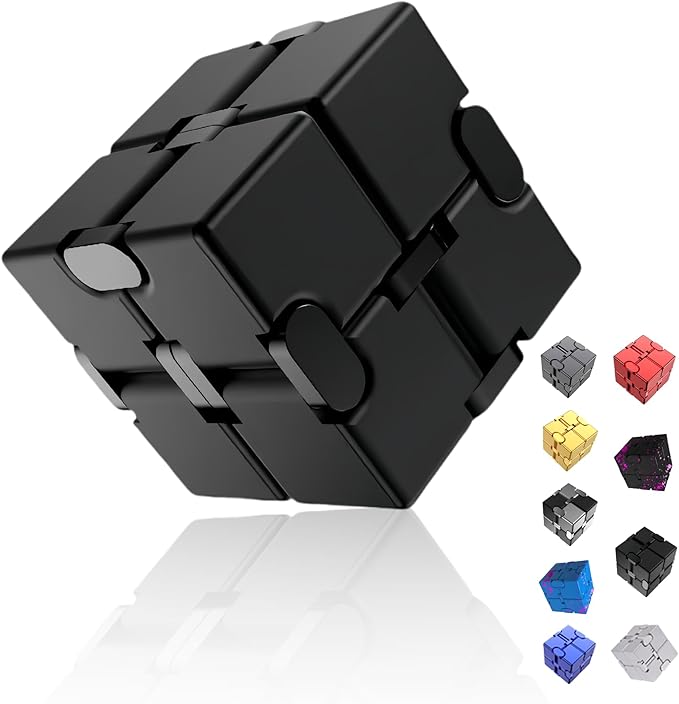 Metal Infinity Cube Fidget Toy - Aluminum Alloy Anti-Stress and Anxiety Finger Flip Cube for Adults, Men, and Women, Ideal Desk Toy for Work or Home - Infinity Cube Desk Toy (Black)