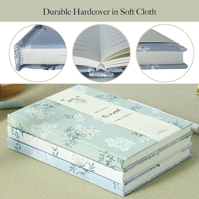 Floral Journal for women, Floret Printed Fabric Cloth Hardcover, A5, 200 Pages, 6x8 Medium Ruled Notebook, Similar Embroidered Linen Journal, Lay Flat Church Notes Notebook, Beige